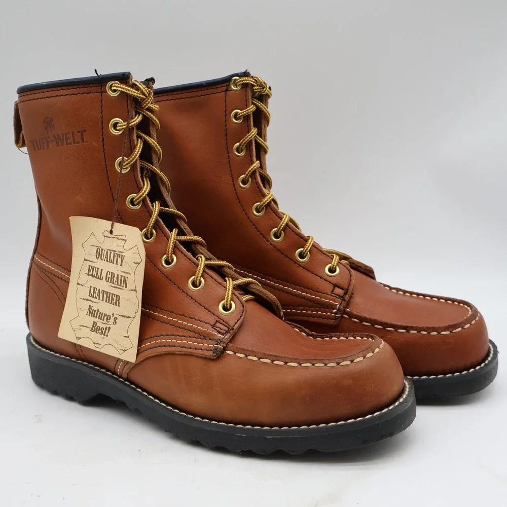 Tuff-Welt Work Boots Mens 7 Vintage Brown Full Grain Leather Moc Toe USA 332